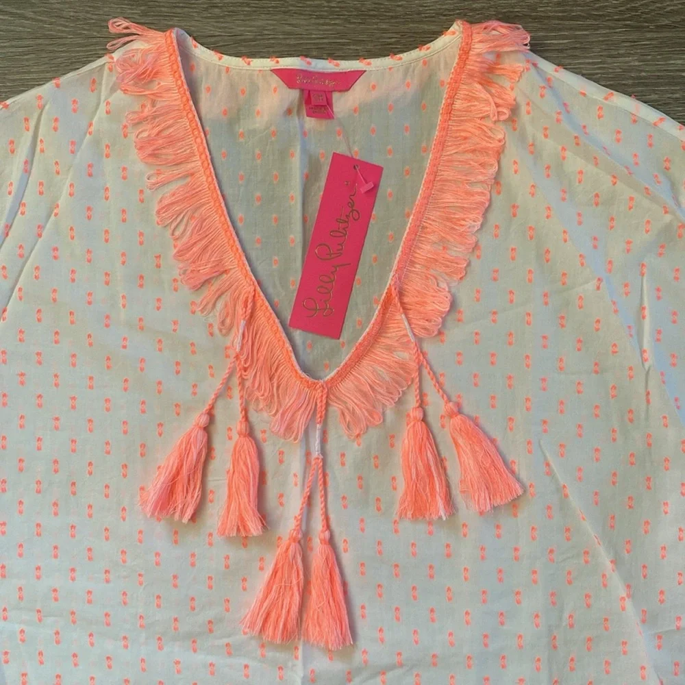 Lilly Pulitzer Kipper Coverup, NWT, Size S/M, Neon Clip, Tangelo, Coral & White - Picture 2 of 8